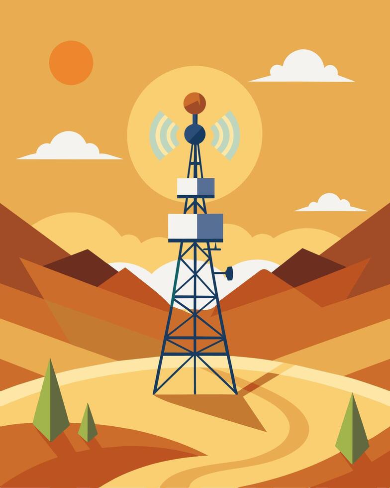 In the middle of a desert landscape a lone telecommunication tower equipped with solar panels transmitting signals to the rest of the world without relying on traditional power. vector