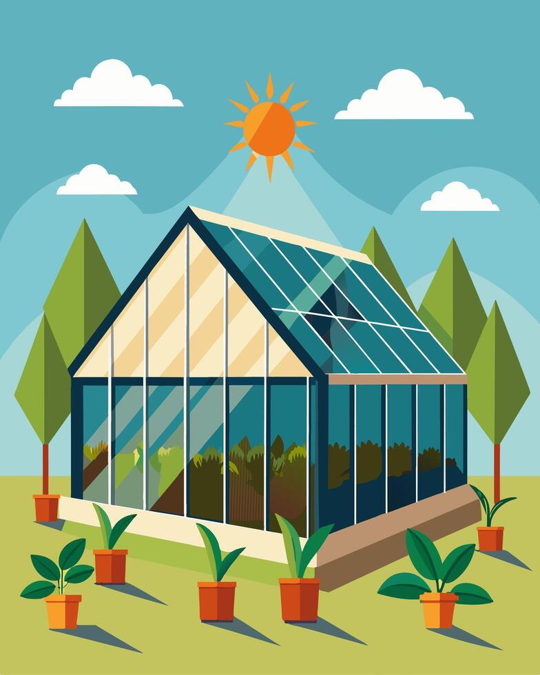 In a modern greenhouse plants are bathed in natural sunlight while solar panels on the roof power the precise irrigation system that keeps them flourishing.. illustration. vector