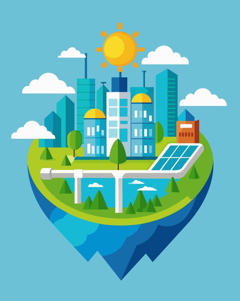 In the heart of a bustling city a reservoir covered with solar panels helps meet the increasing demand for clean electricity.. illustration. vector