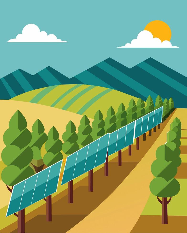 In the heart of the vineyard solar panels line the edge generating clean energy without disrupting the peaceful natural landscape.. illustration. vector