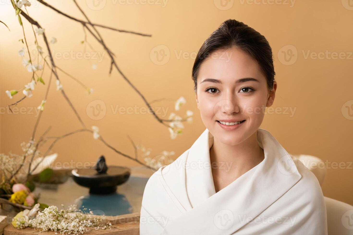 Beautiful young Asian woman with clean fresh skin on beige background, Face care, Facial treatment, Beauty woman healthy skin natural make up, Cosmetology, beauty and spa, Asian women portrait photo