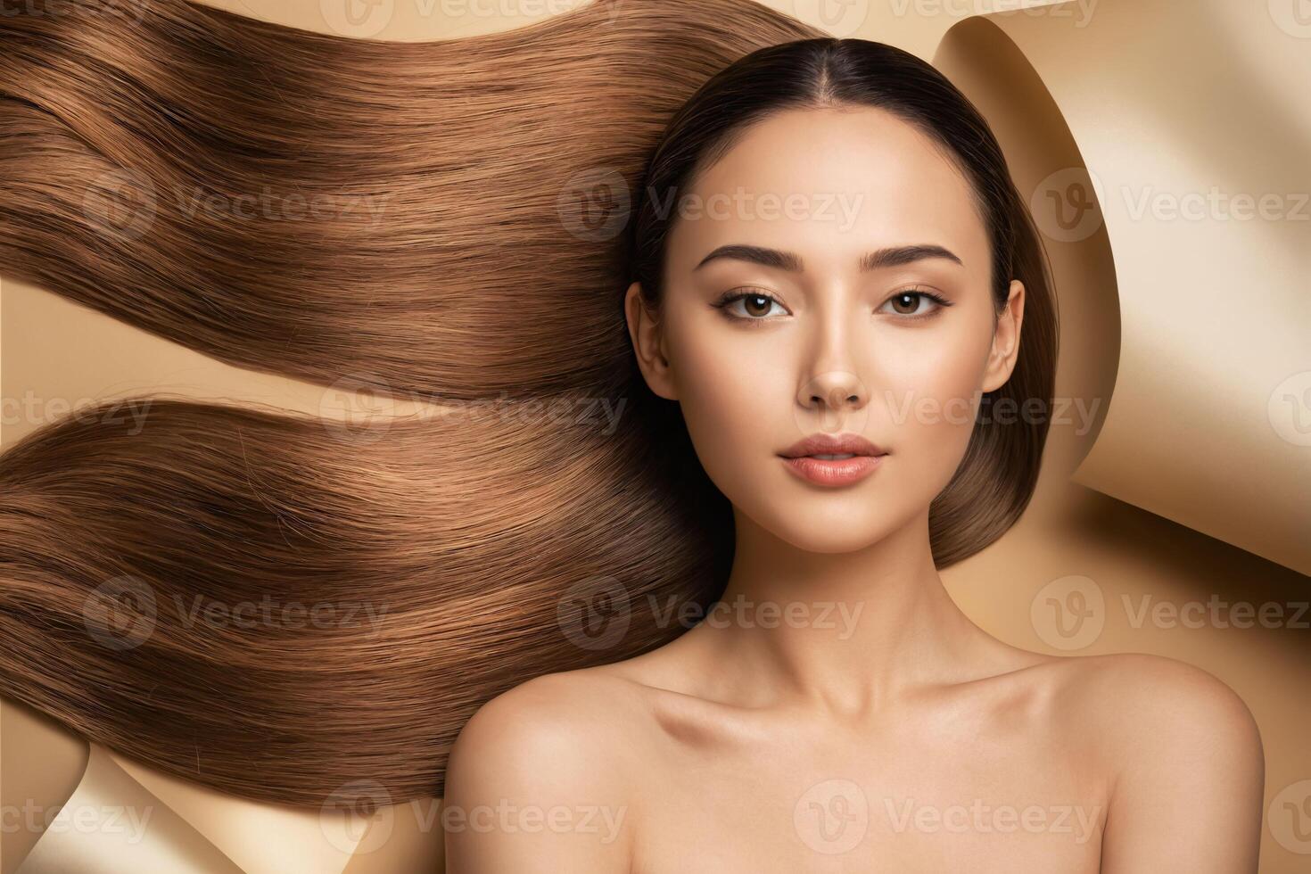 Beautiful young Asian woman with clean fresh skin on beige background, Face care, Facial treatment, Beauty woman healthy skin natural make up, Cosmetology, beauty and spa, Asian women portrait photo