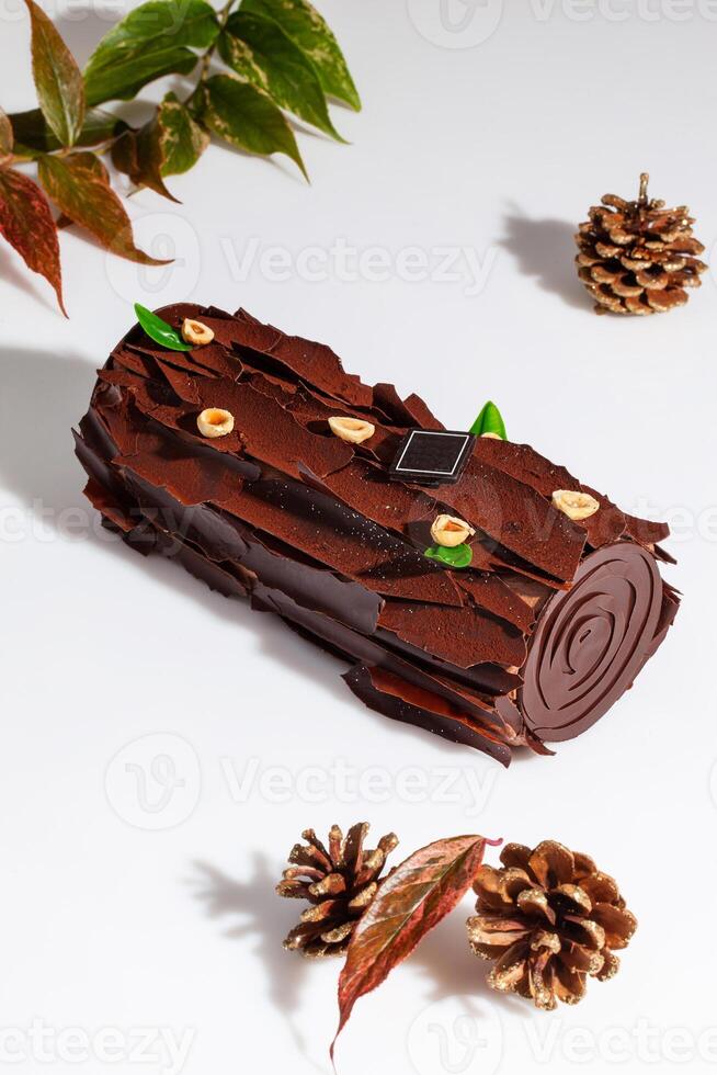 Swiss chocolate roll with hazelnuts on white with green branch and cones photo