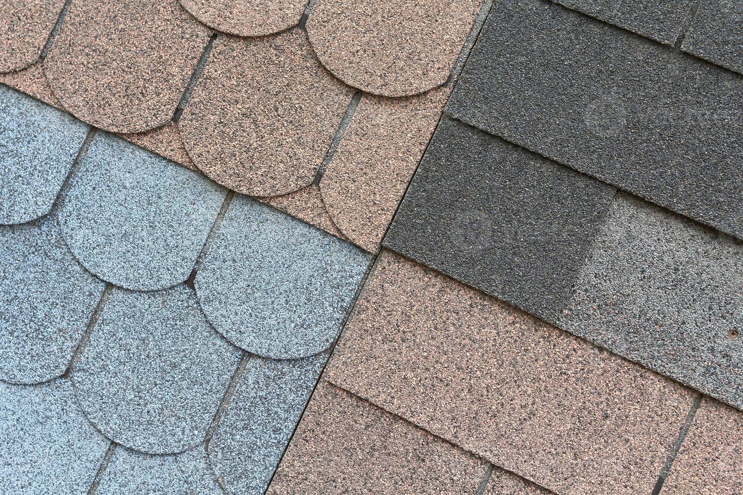 Soft roof, roof tiles, flexible shingles. Roof tiling texture. Flexible, soft bituminous composite on shop window photo