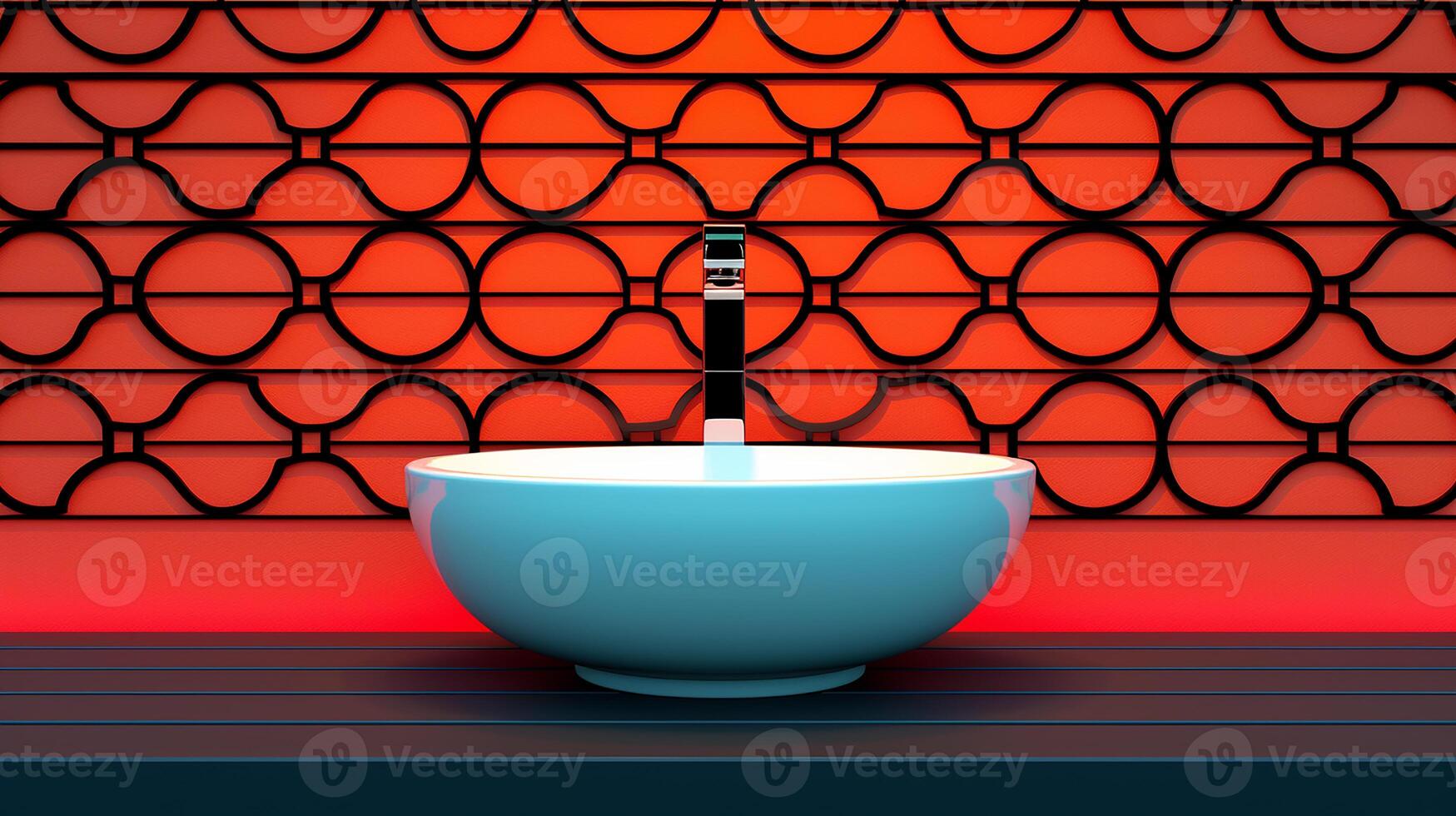 Artistic bathroom vessel sink, decorative tiles, creative and unique mood, soft lighting photo