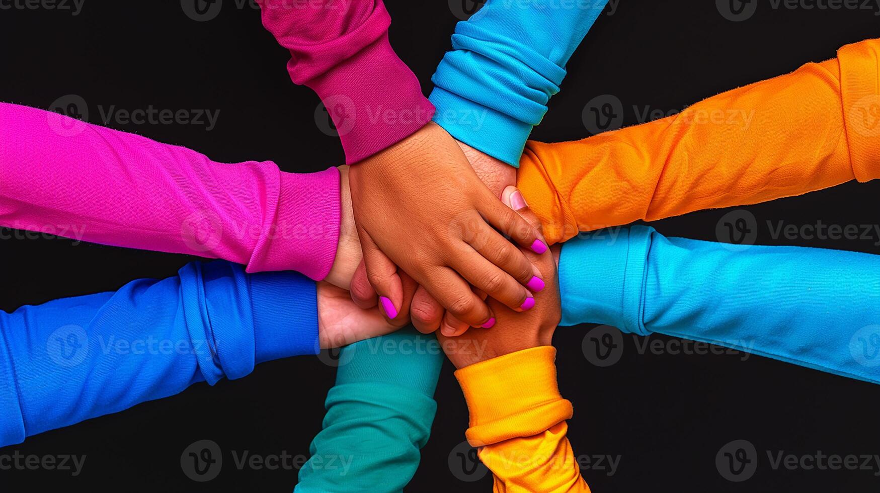 Friendship Day Illustration, a Multiethnic group of children holding hands together isolated on a black background photo
