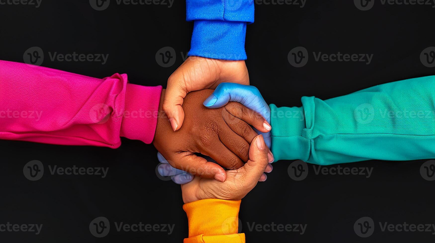 Friendship Day Illustration, a group of Hands of different people holding each other, isolated on a black background photo