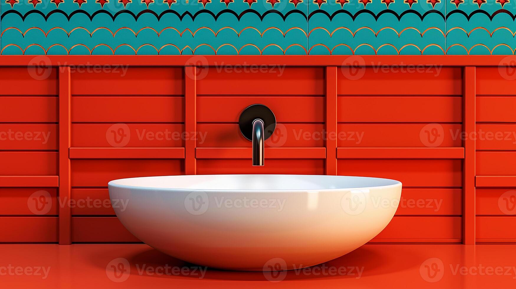 Unique bathroom vessel sink, decorative tiles, artistic style, creative and soft lighting photo