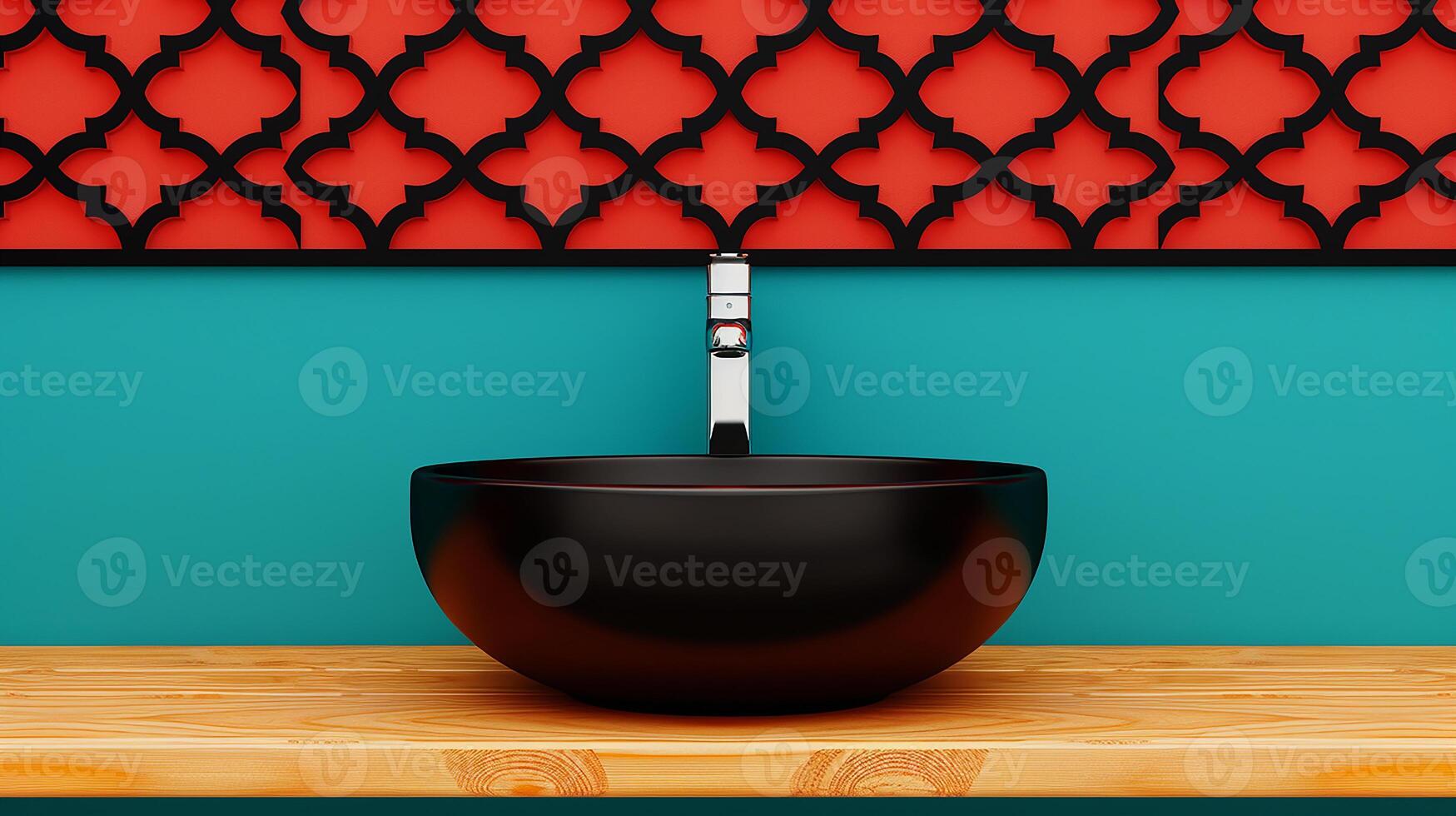 Creative bathroom vessel sink, decorative tiles, artistic design, unique mood, soft lighting photo