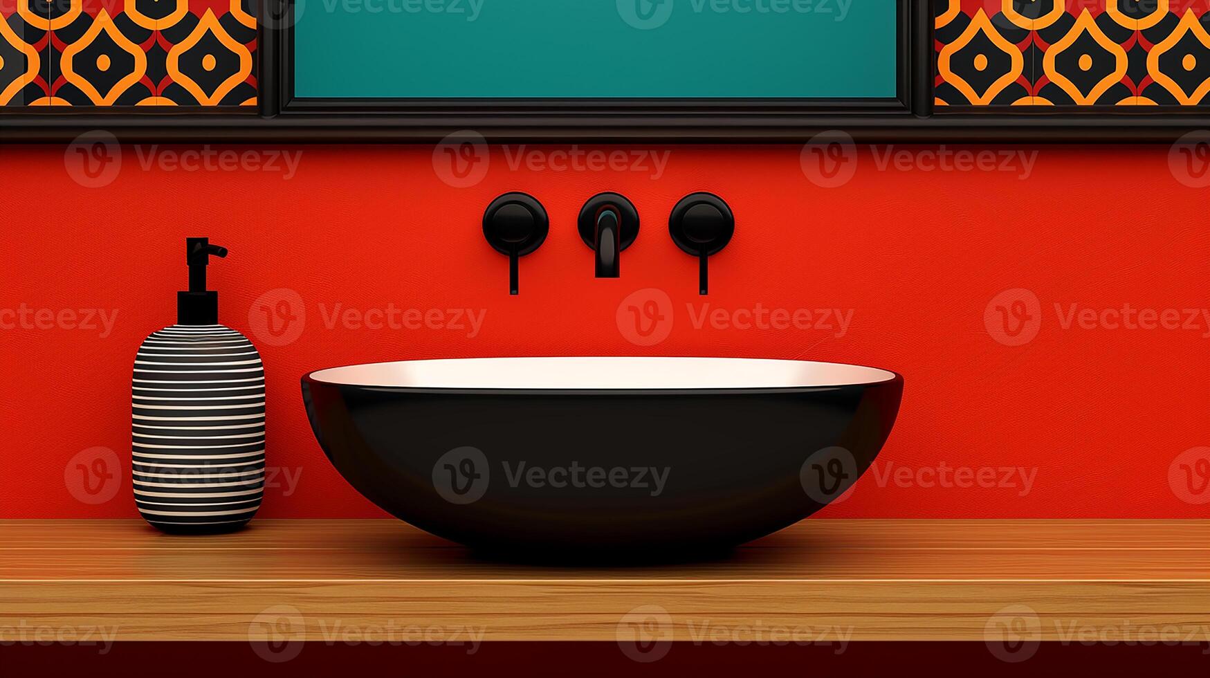 Bathroom with vessel sink, decorative tiles, artistic style, creative and unique, soft lighting photo