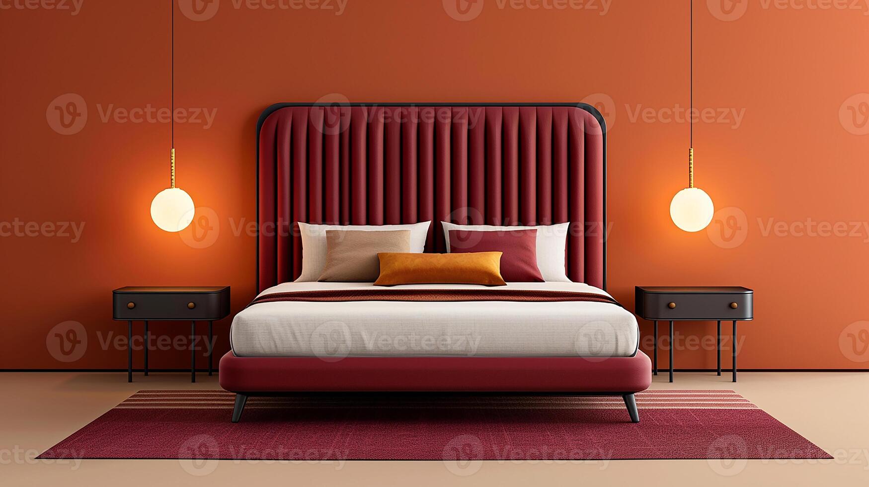 Stylish bedroom headboard, matching nightstands, coordinated decor, harmonious mood, soft lighting photo