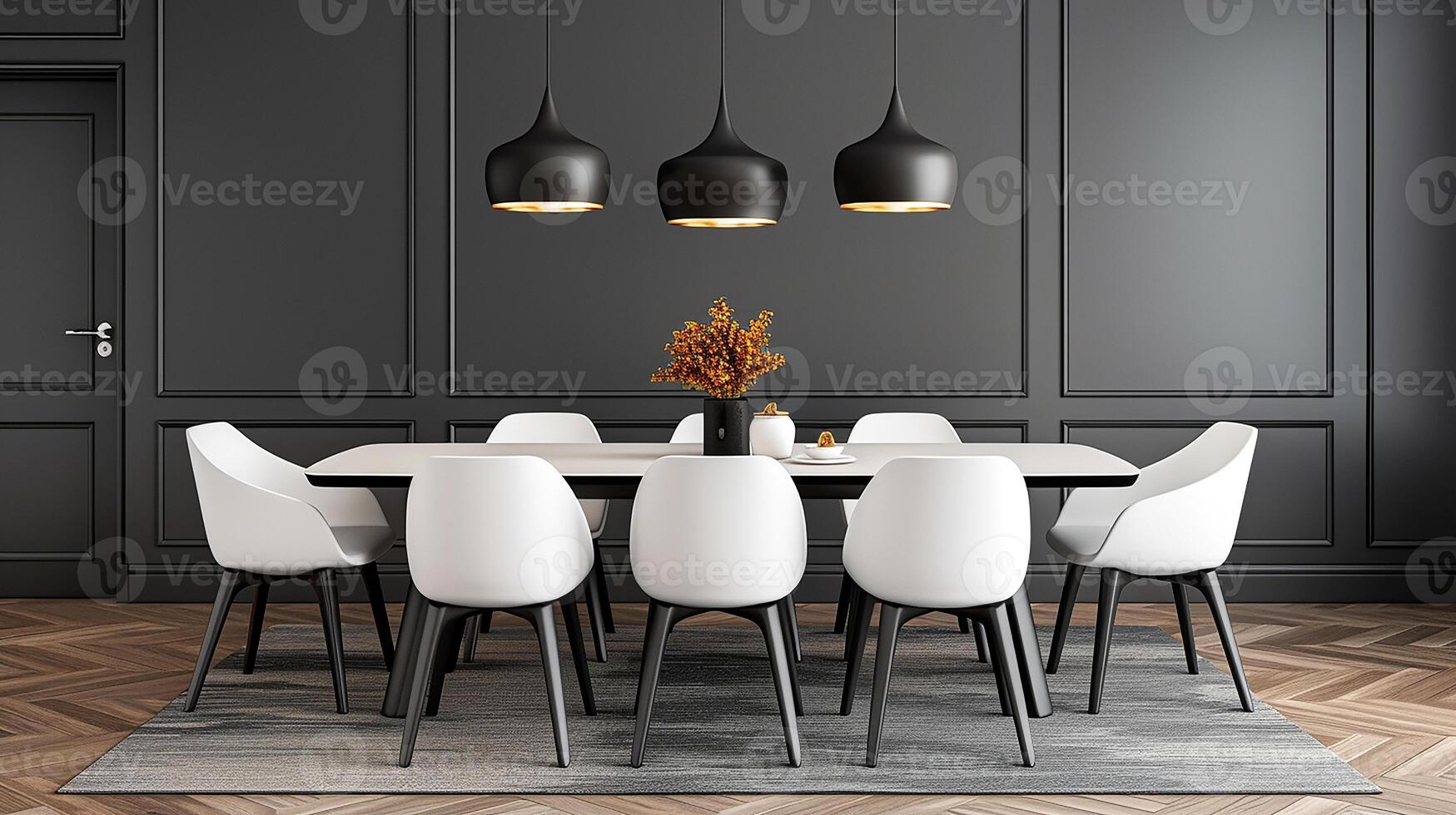 Dining room extendable table, stylish chairs, modern classic style, elegant and versatile, soft lighting photo