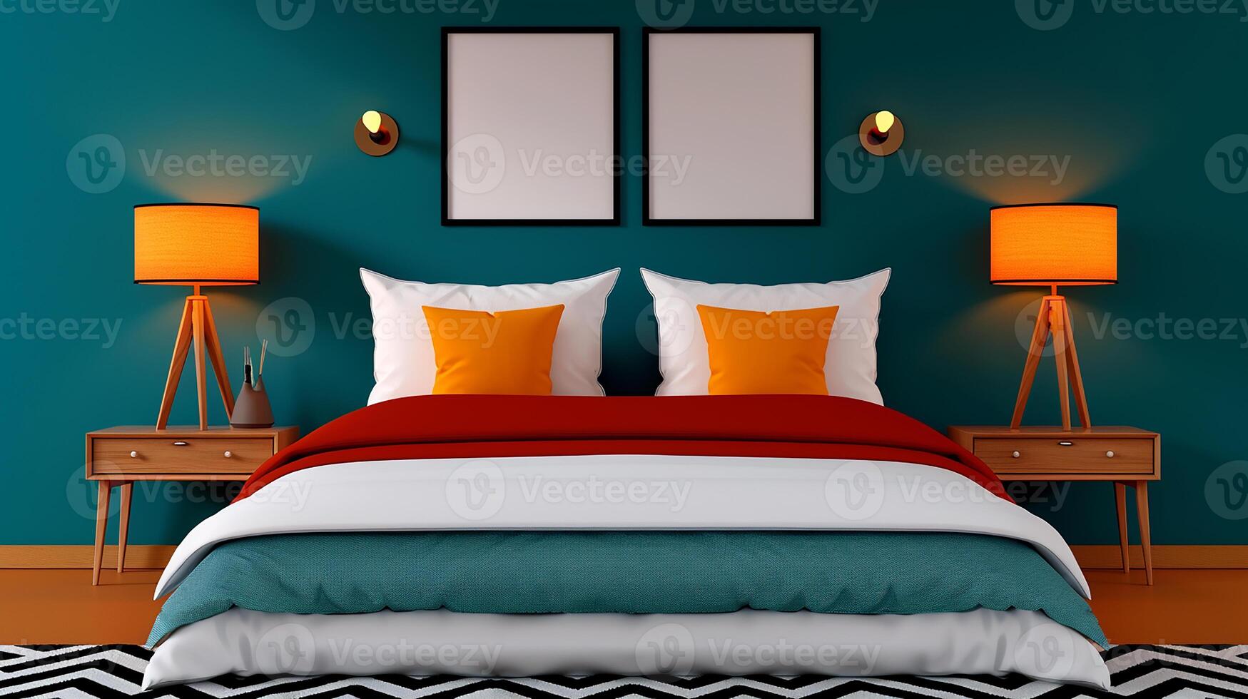 Bedroom with layered bedding, throw pillows, cozy comfort style, inviting mood, soft warm lighting photo