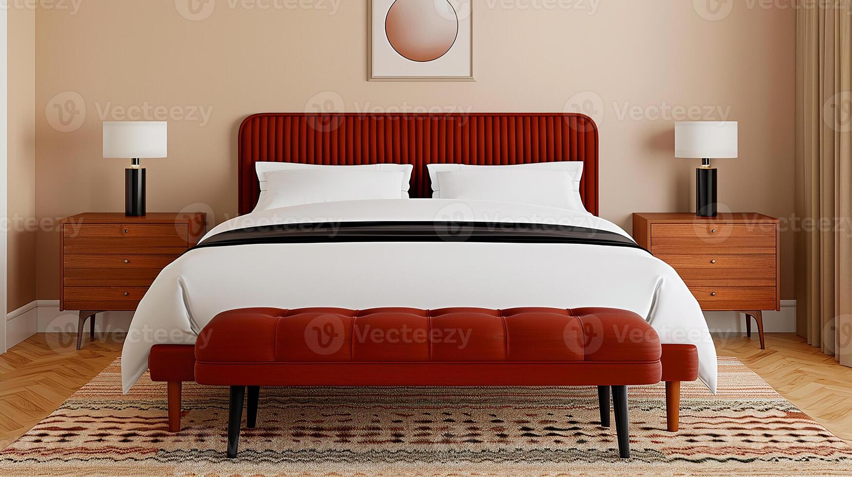 Functional bedroom bench at bed's foot, dresser, practical and stylish, soft natural lighting photo