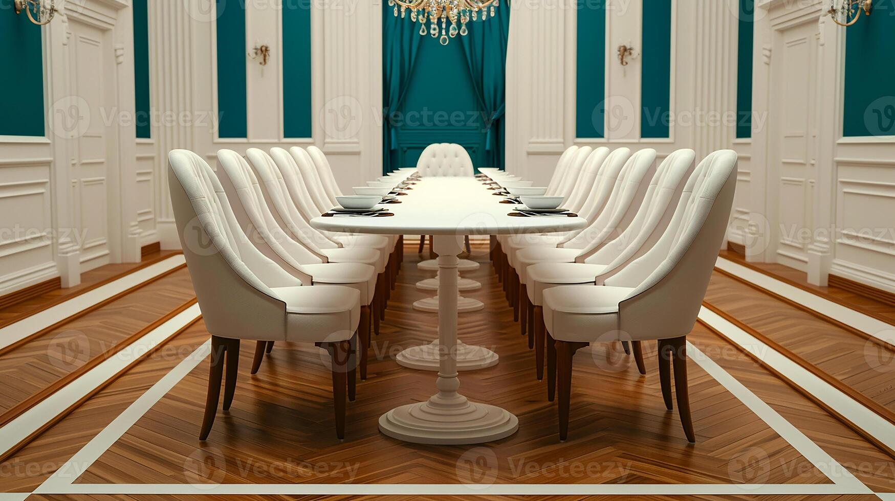 Dining room chandelier, elegant table settings, formal style, sophisticated and classy, soft lighting photo