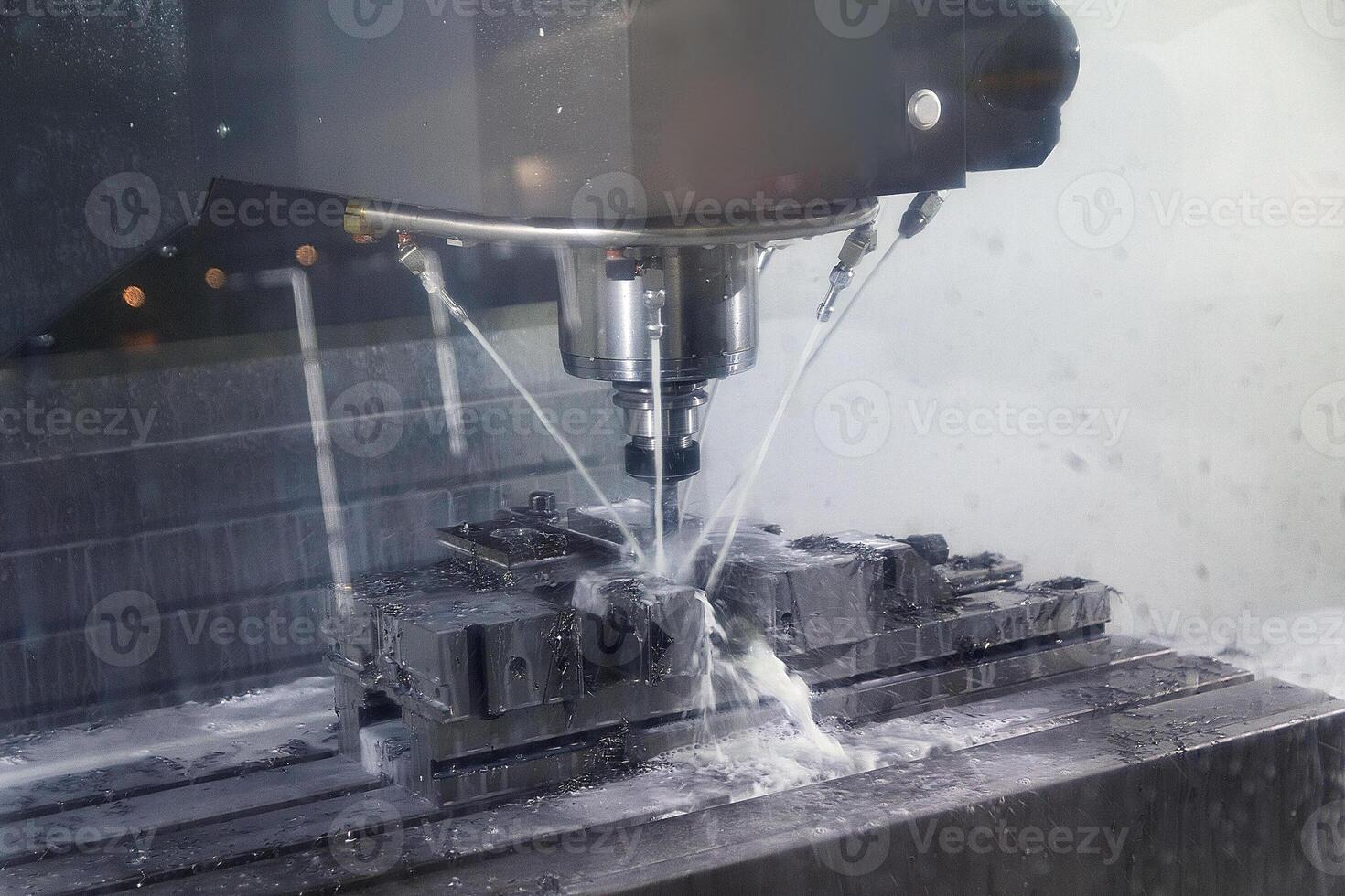 Auto CNC turning with robot drill milling factory with water coolant streams photo