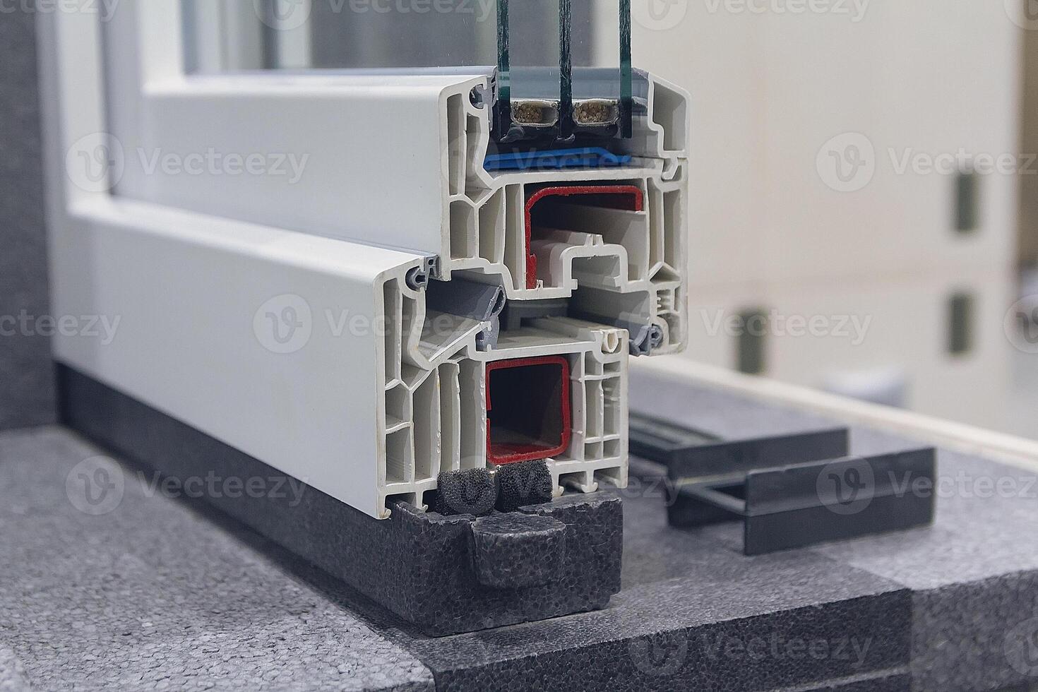 PVC window frame in section close-up photo