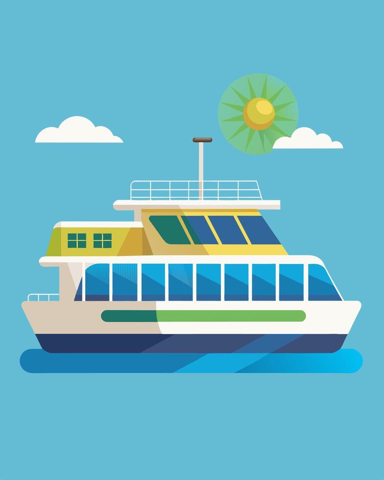 As the ferry makes its way down the river the solar panels on its roof are constantly aligning with the sun maximizing its energy efficiency.. illustration. vector
