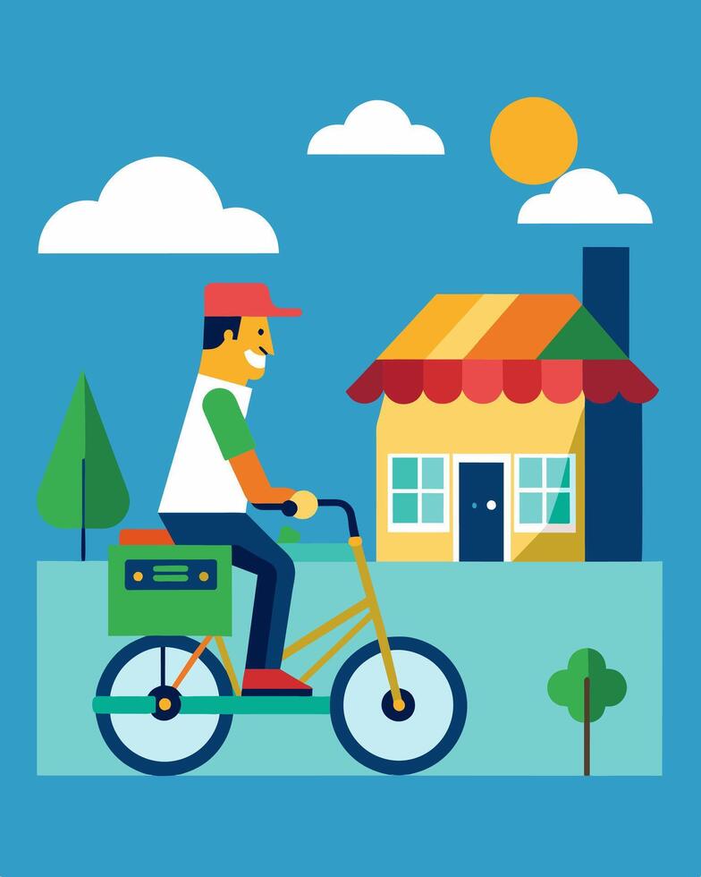 As the ice cream vendor cycles through the neighborhood he also collects energy from the sun to power his cart along the way.. illustration. vector