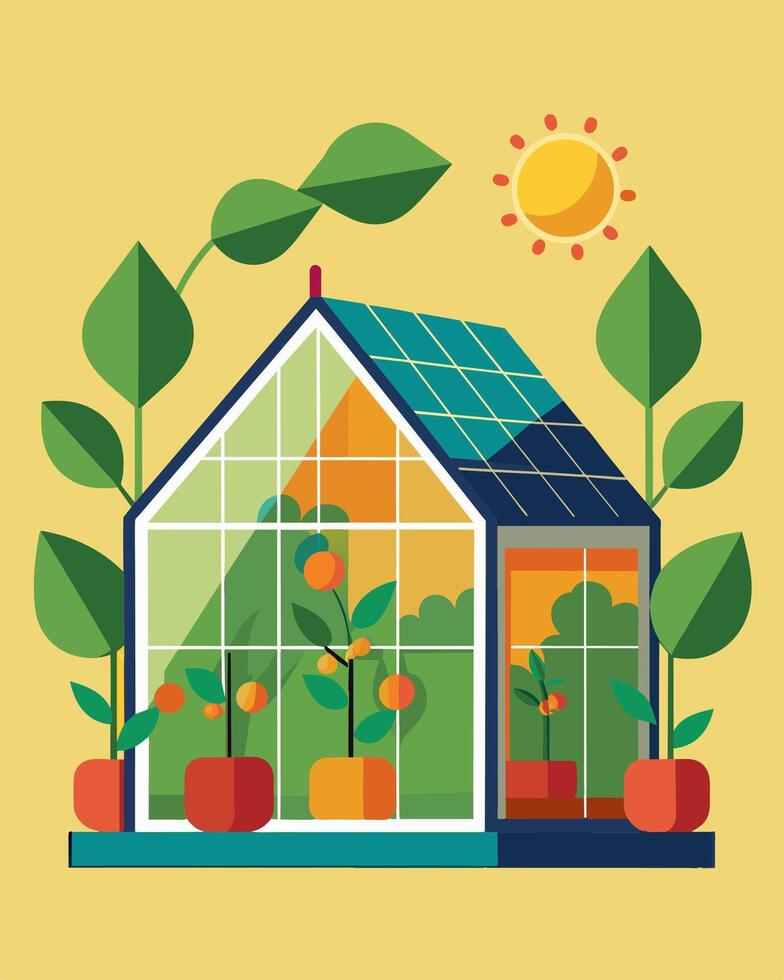 As the seasons change a solarpowered greenhouse adjusts to maintain the ideal temperature for a variety of plants ensuring a yearround harvest.. illustration. vector