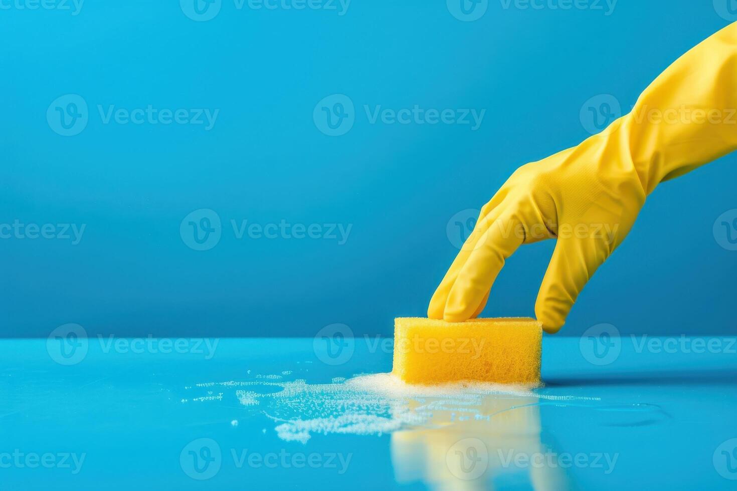 Cleanliness concept using sponge and gloves for hygienic purposes on a blue-colored surface photo