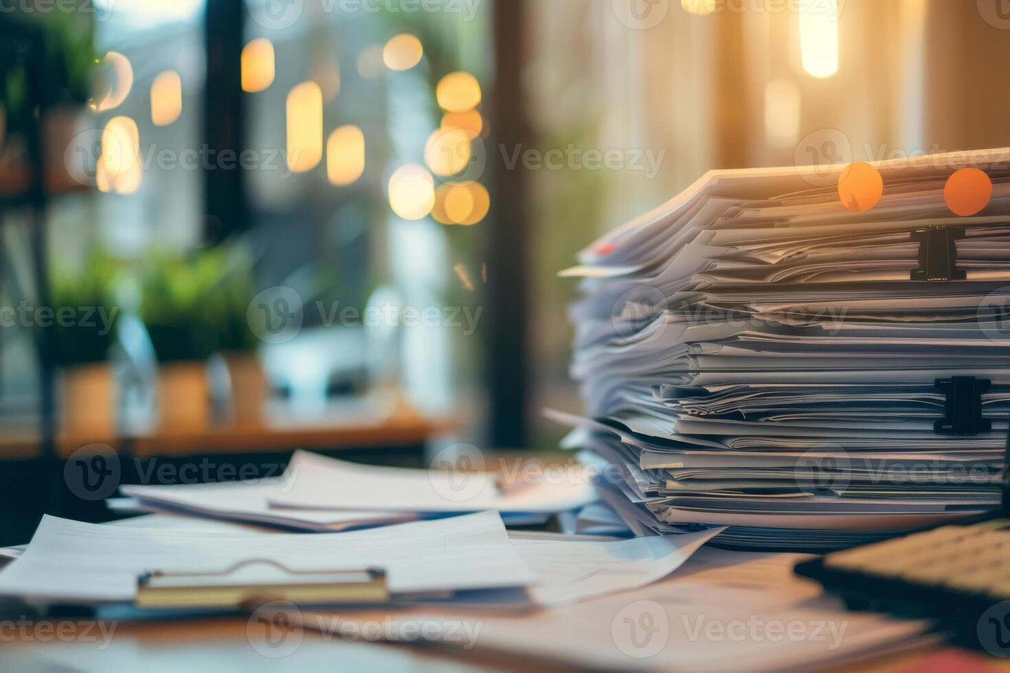 Stacks of documents on a desk indicating heavy workload photo