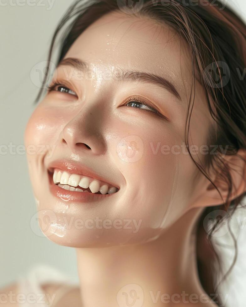Asian woman with a radiant smile and dewy skin looks upward, exuding happiness and freshness, Korean photo