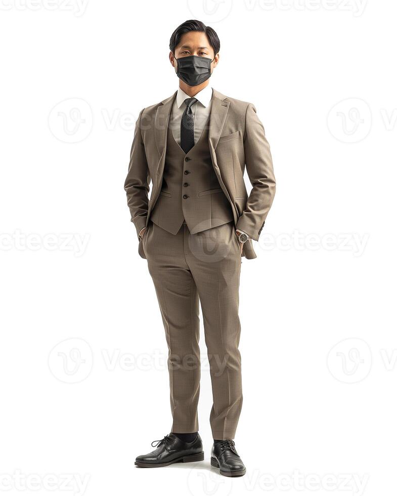 Lanky handsome Asian man in beige suit black tie and black mask stands confidently against a white background photo