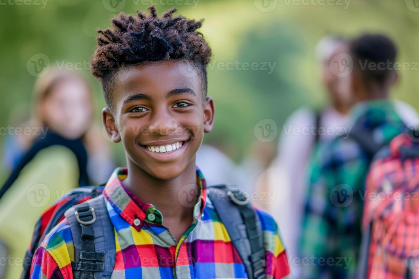 Happy Cheerful black young boy vibrant smile wearing colorful plaid shirt and a backpack standing school outdoors student back to school photo