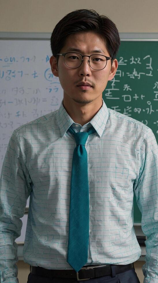 A Teacher standing in front of a chalkboard covered in handwritten Japanese characters photo