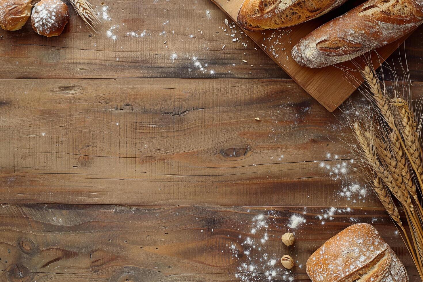 Rustic Bread and Wheat on Wooden Table. photo