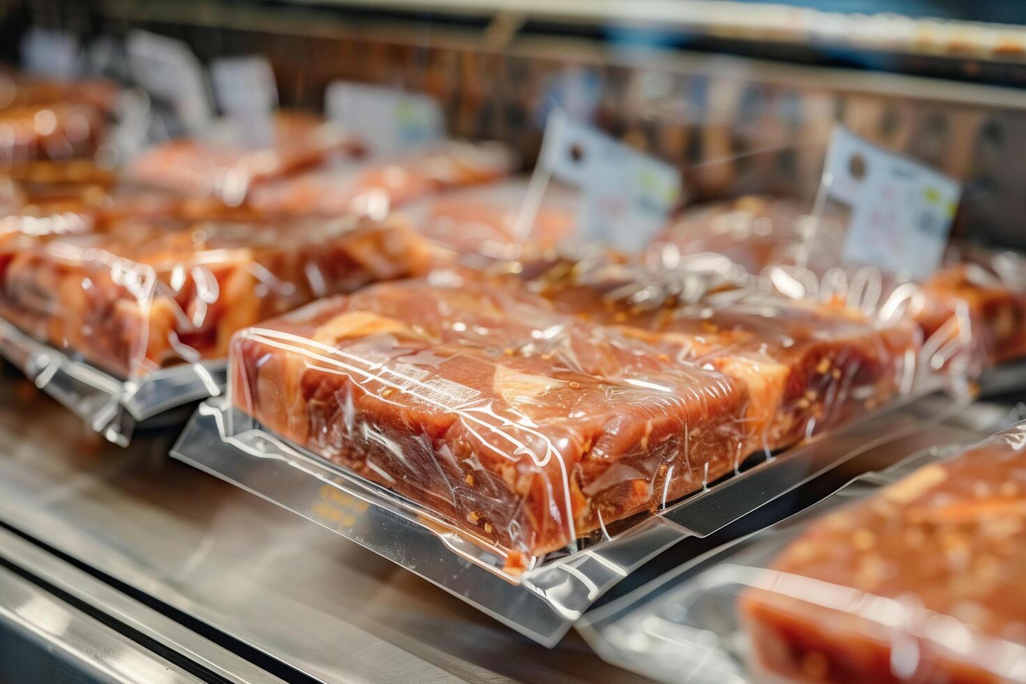 Packaged Meat on Display in Grocery Store. photo