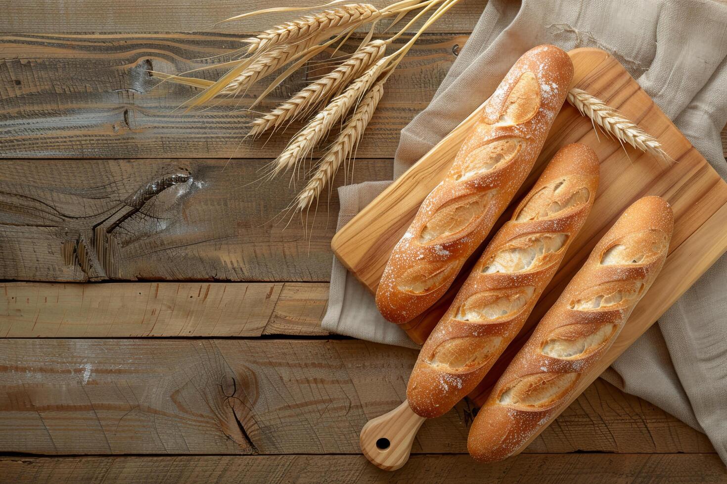 Rustic Bread and Wheat on Wooden Table. photo