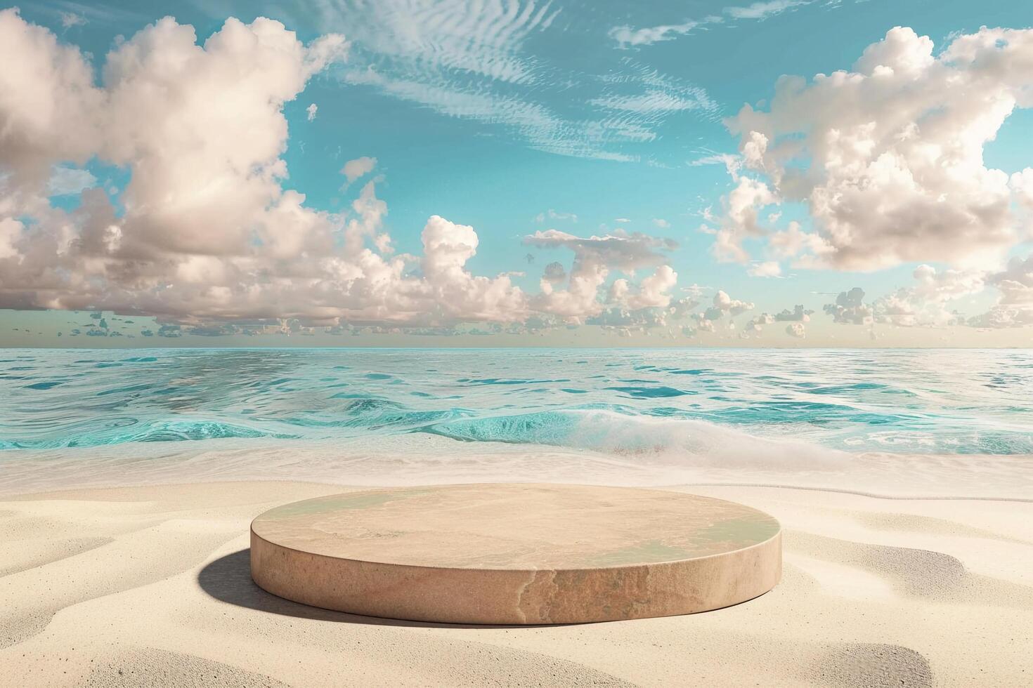 Circular Platform on Serene Beach with Blue Sky. photo
