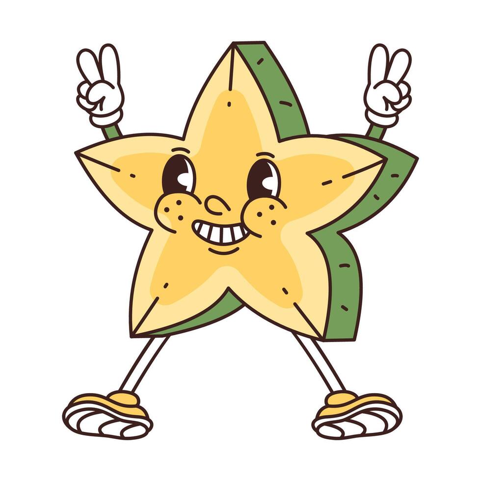 Retro groovy funny fruit. Naughty anthropomorphic character carambola on white background vector