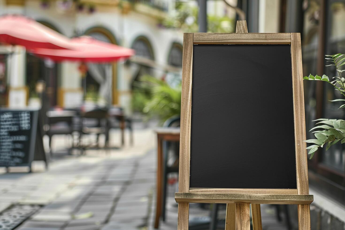 Empty Chalkboard Sign Outside Cafe with . photo