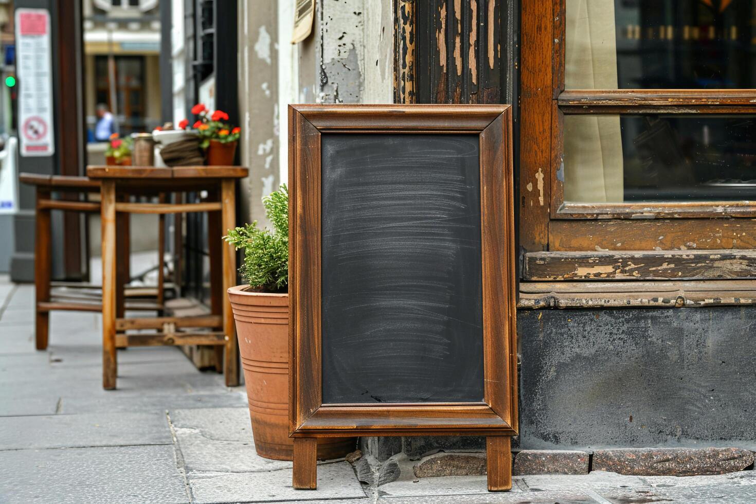 Empty Chalkboard Sign Outside Cafe with . photo