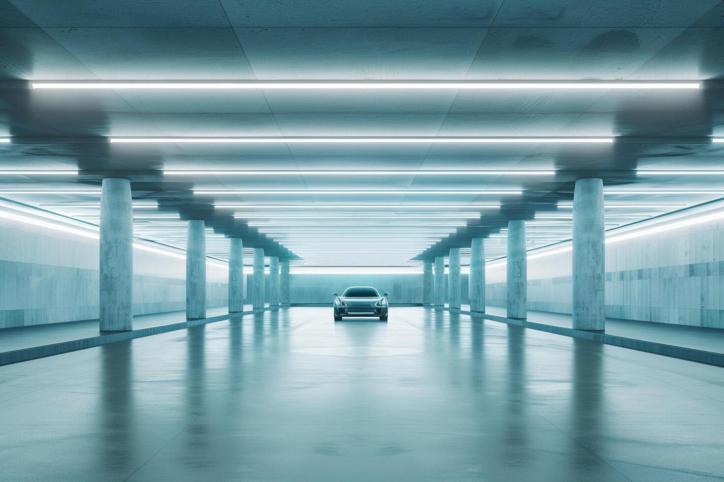 Red Car in Modern Concrete Structure with . photo