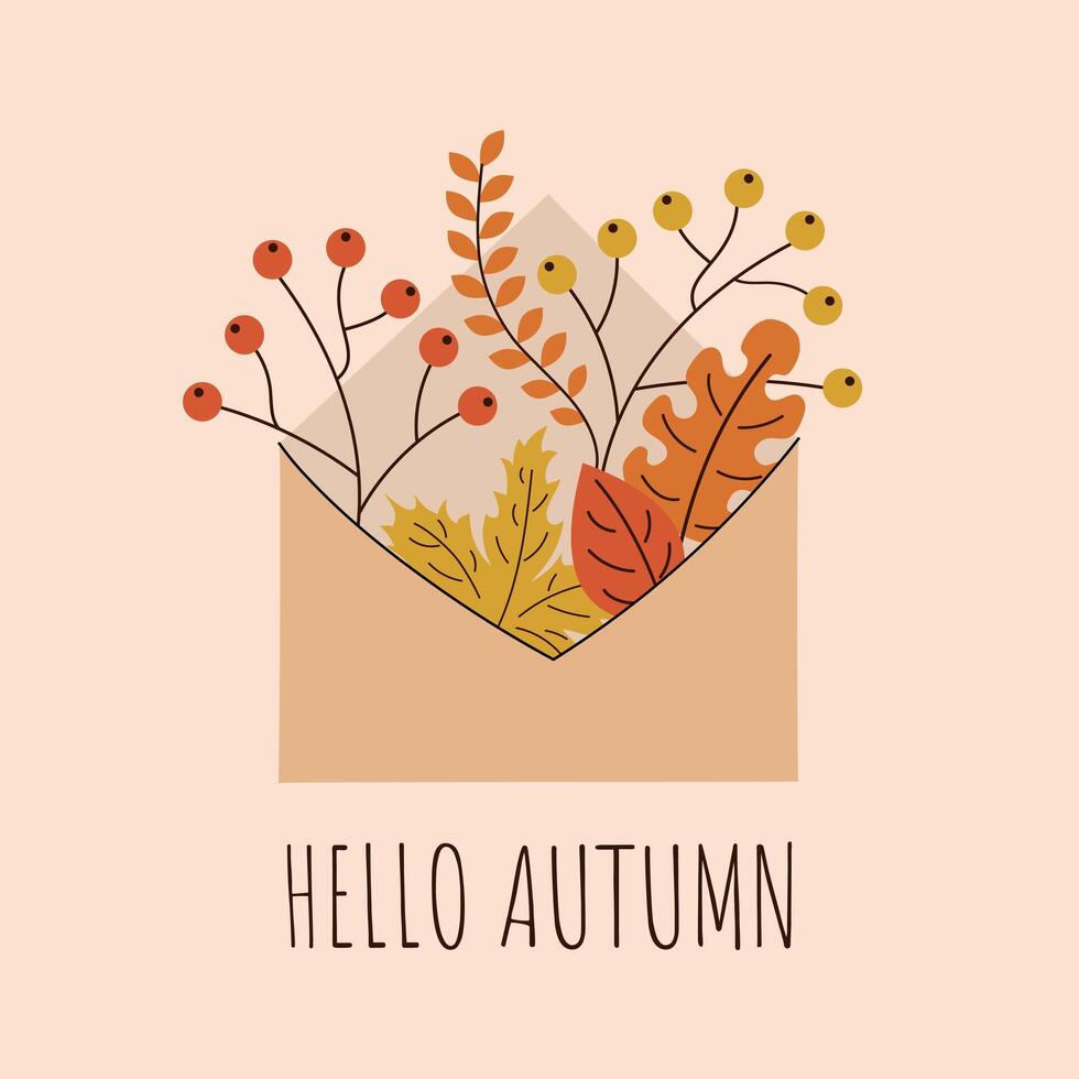 Hello autumn. Envelope with autumn leaves. Minimalistic hand drawn postcard. illustration. vector