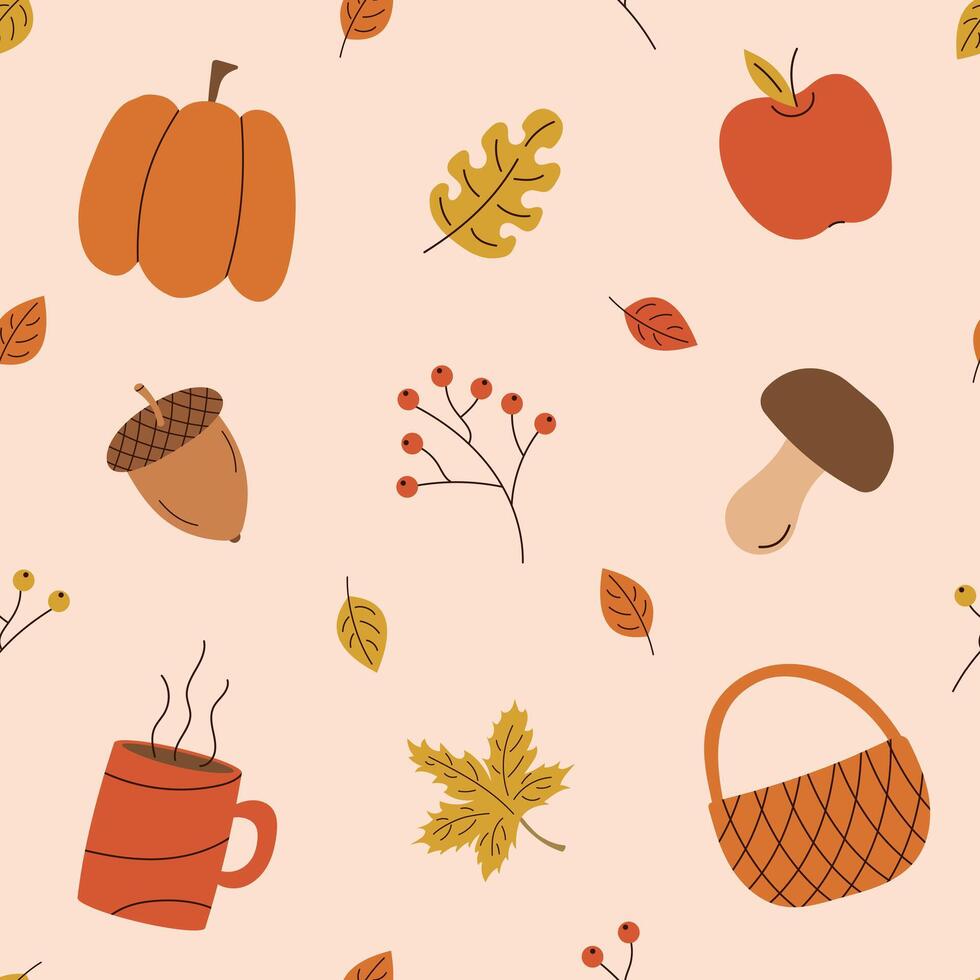 Autumn seamless pattern. Acorn, mushroom, pumpkin, leaves. illustration. vector
