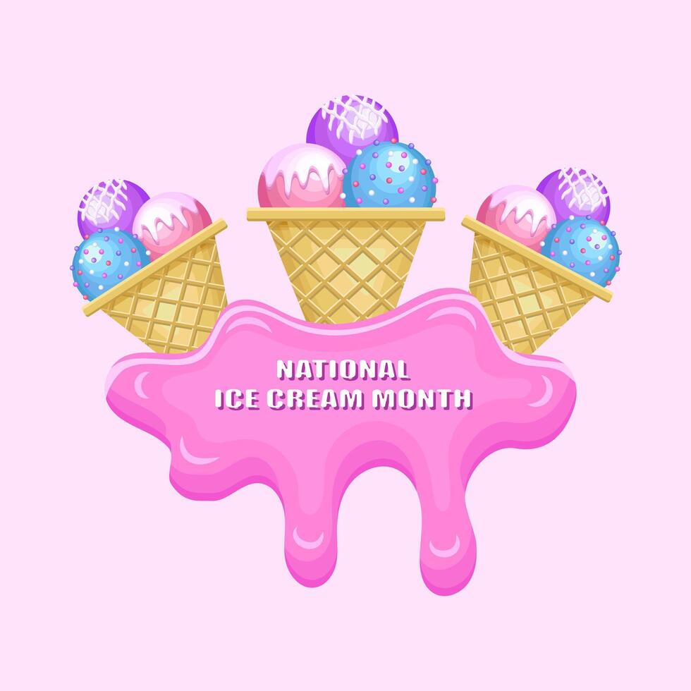 National Ice Cream Month. Realistic ice cream in pink and blue colors. Poster, banner, greeting card. illustration. vector
