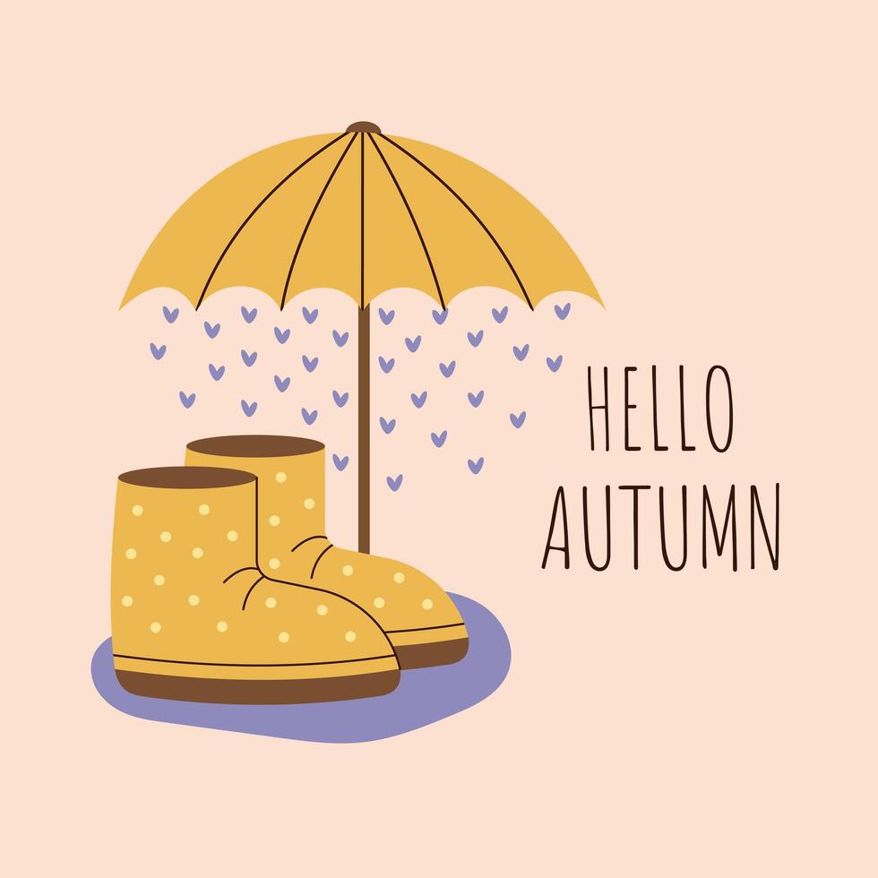 Hello autumn. Rain boots and umbrella. Minimalistic hand drawn postcard. illustration. vector