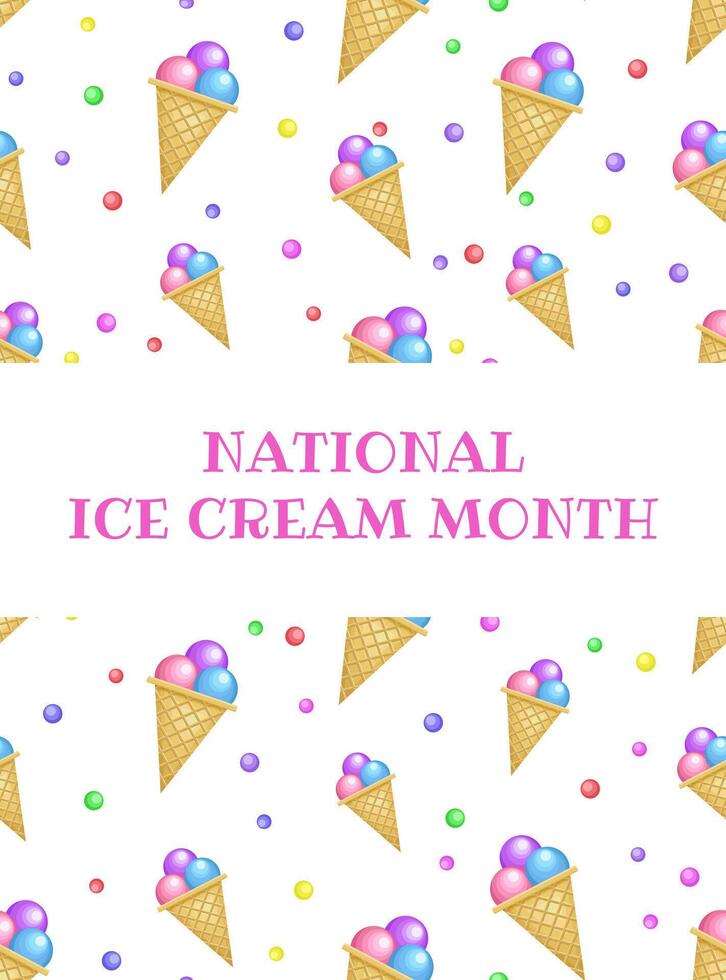 National Ice Cream Month. Pattern with ice cream in pink and blue colors. Poster, banner, greeting card. illustration. vector