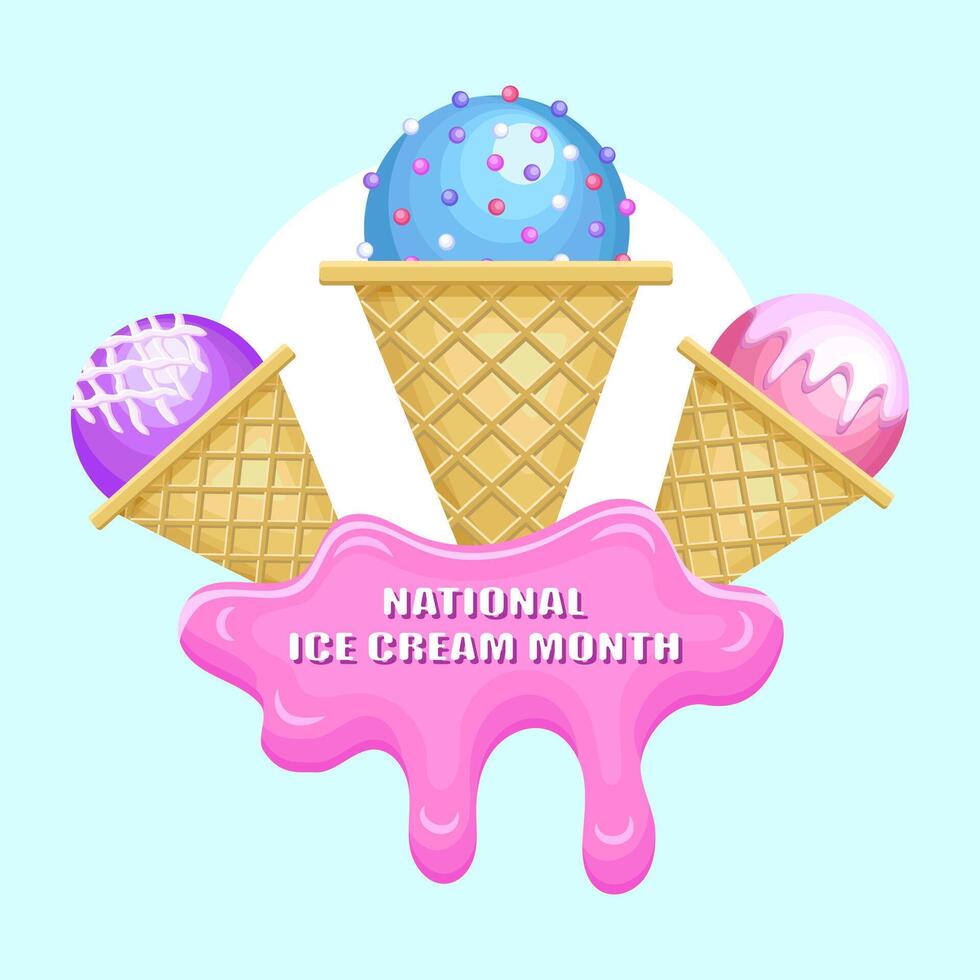 National Ice Cream Month. Realistic ice cream in pink and blue colors. Poster, banner, greeting card. illustration. vector