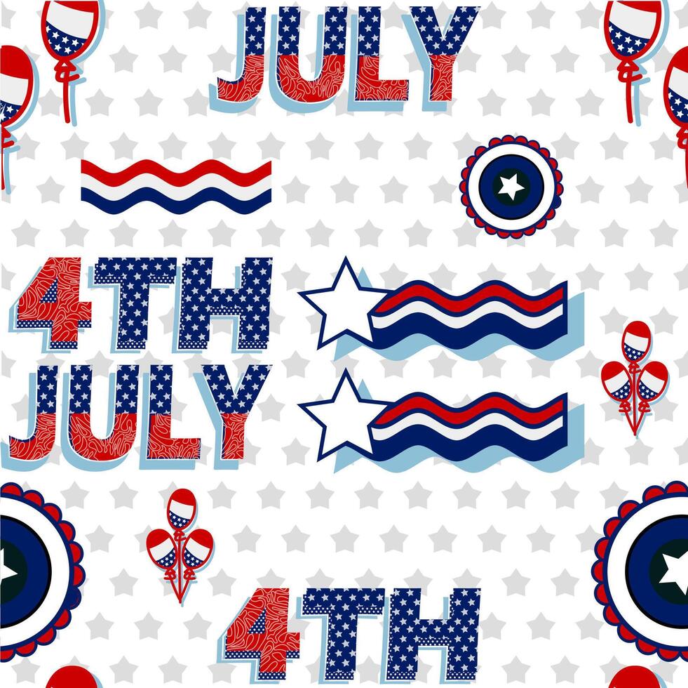 Seamless pattern for the 4th of July Independence Day with American flags and stars in white and blue colors, featuring a United States background vector