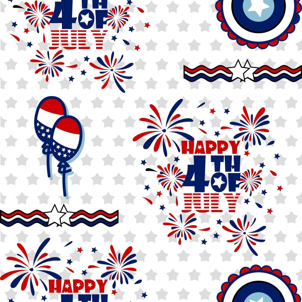 Seamless pattern for the 4th of July Independence Day with American flags and stars in white and blue colors, featuring a United States background vector