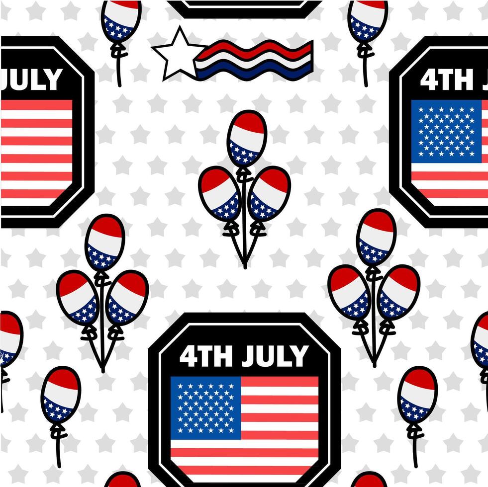 Seamless pattern for the 4th of July Independence Day with American flags and stars in white and blue colors, featuring a United States background vector