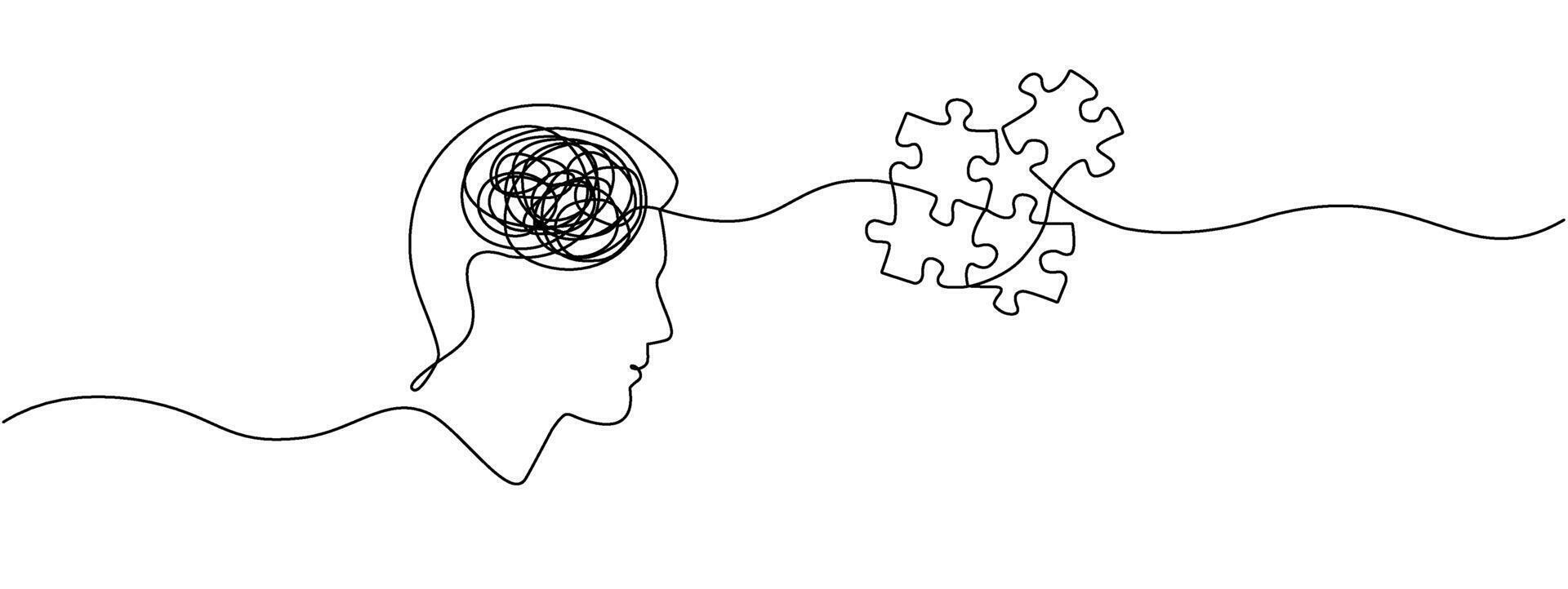 Head of a man with confused thoughts in his head going into assembled puzzles drawn by one continuous line. Concept of mental health, education, psychology. editable line illustration vector