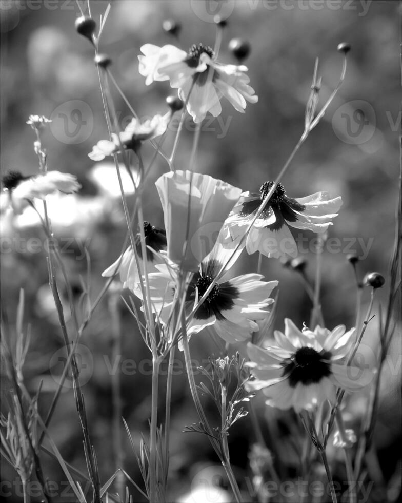 Flowers black and white photo background. Summer flowers close view