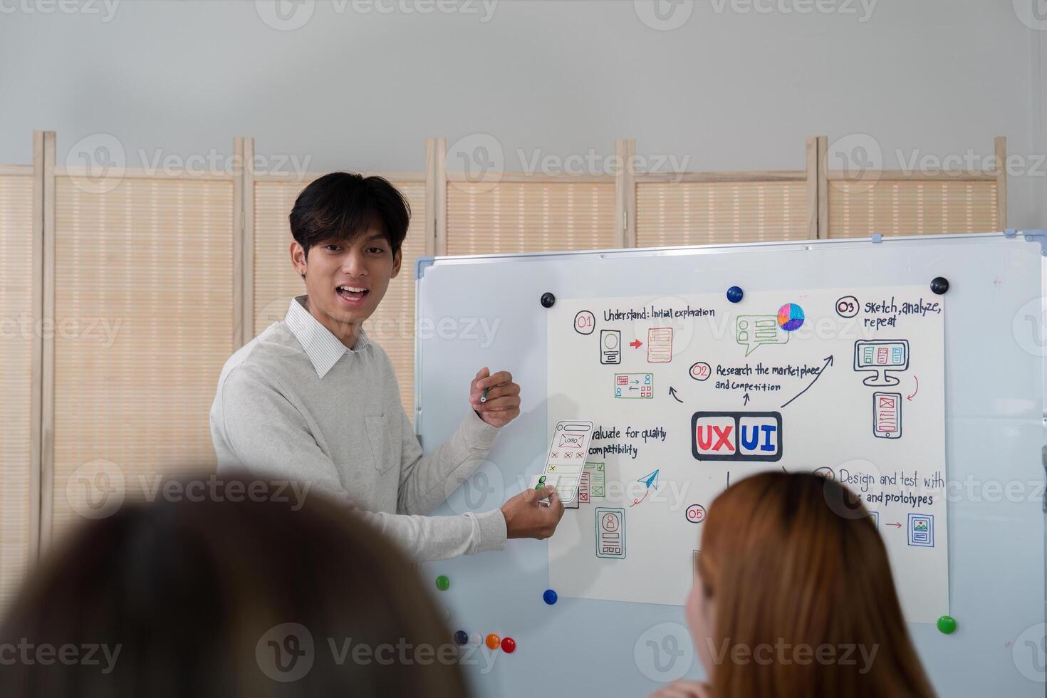 ux developer and ui designer presenting mobile app interface design on whiteboard in meeting at office. Creative digital development mobile app agency. digital transformation photo